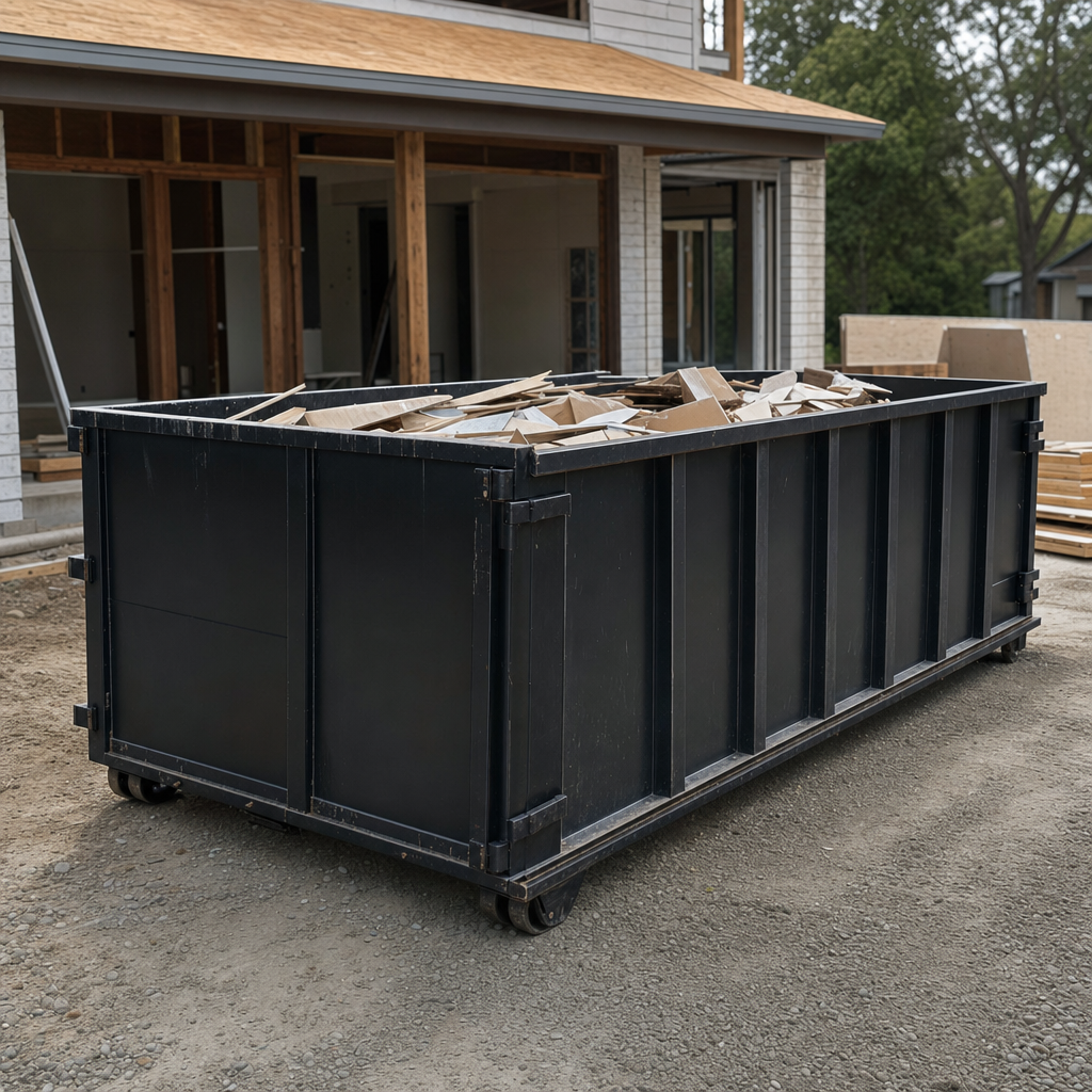 Large matte-black 30-yard construction roll-off dumpster at an active Napa jobsite, steel-gray top rails and bottom rollers visible, loaded with construction debris.