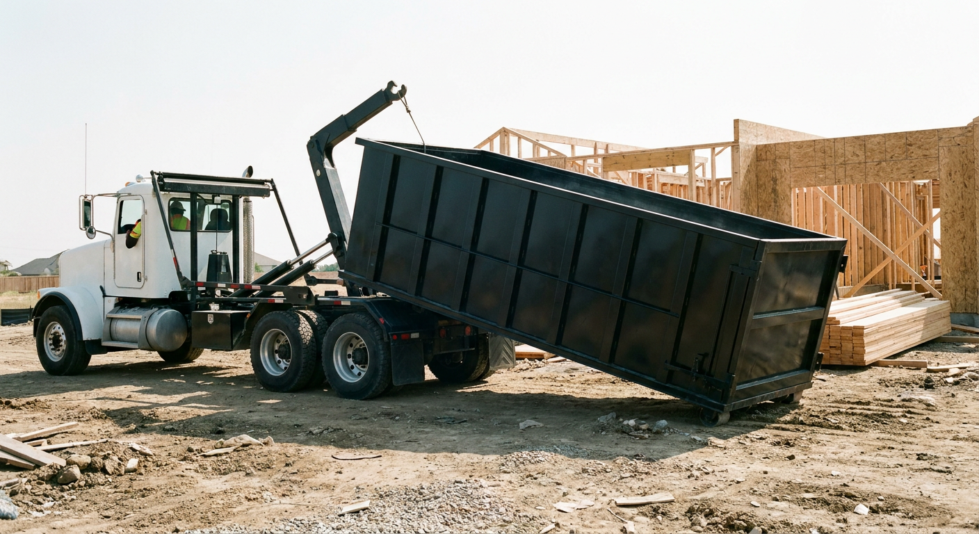 Matte-black roll-off dumpster being delivered onto a clean residential concrete driveway in Napa by an unmarked white hooklift hauler truck, bright morning daylight, documentary 35mm perspective.